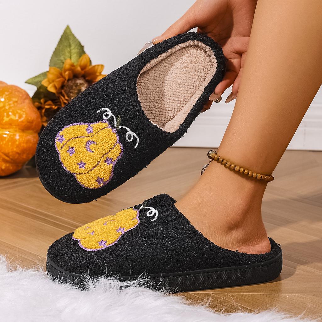 Mode Gemütliche Halloween Kürbis Hausschuhe Damen Weiche Plüsch Rutschfeste Indoor Baumwoll-Sandalen Frau Warm halten Bequeme Winter Hauspantoffeln
