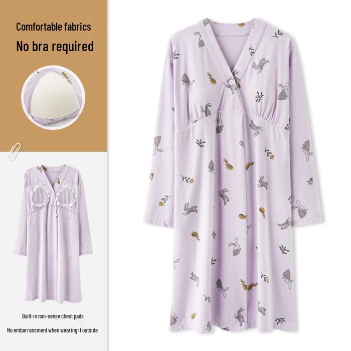 Bavlnová těhotenská noční košile s prsními vložkami pro předporodní a poporodní kojení, jarní/podzimní nošení