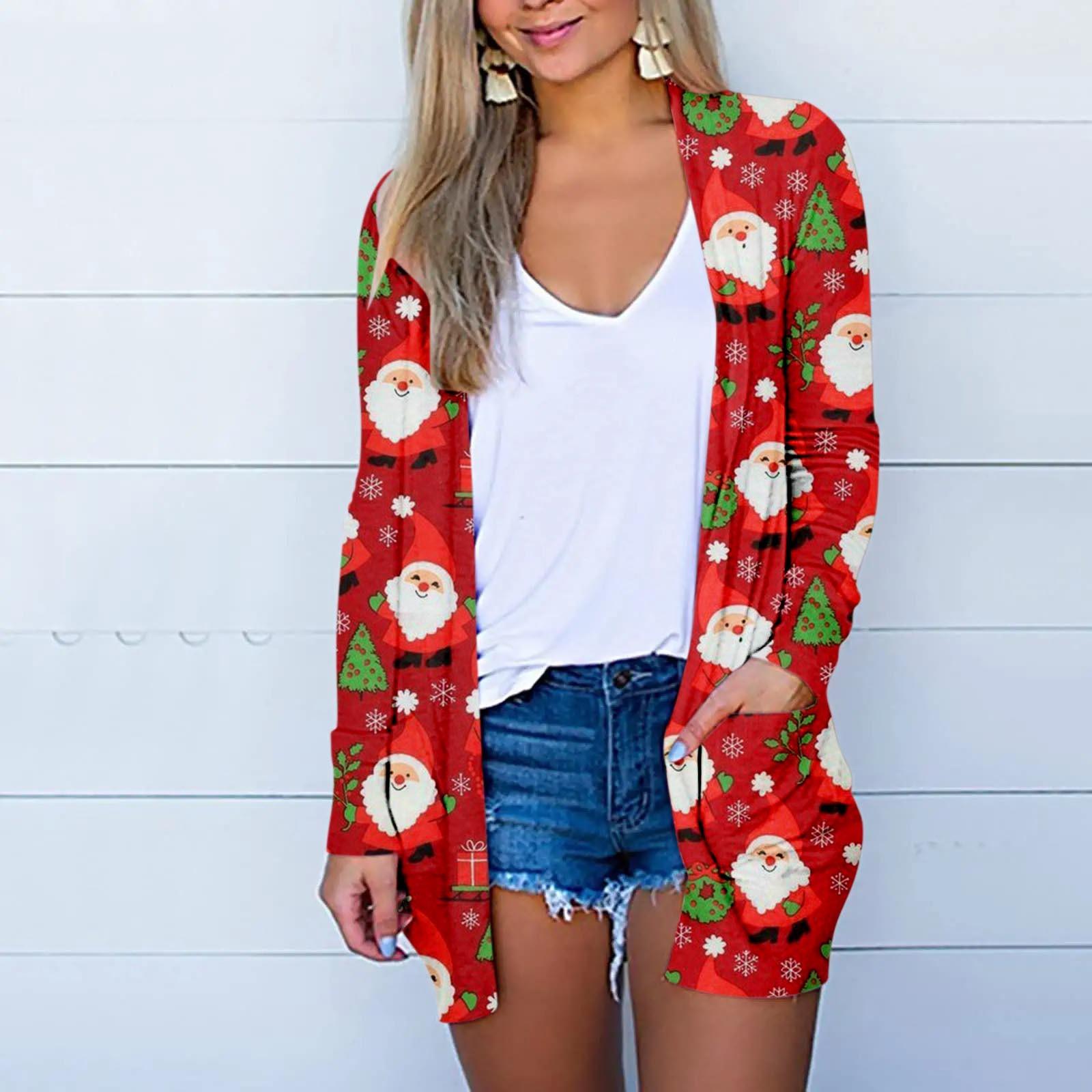 

Женская модная повседневная куртка-кардиган с рождественским принтом средней длины, пальто XXXXXL красный