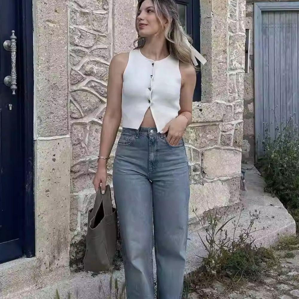 

Round Neck Knitted Waistcoat Top Single Breasted Vest Crop Top Sleeveless Sweaters Summer/Autumn M білий