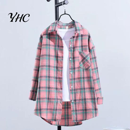 Ladies Blouse Turn Down Collar Long Sleeve Single-breasted Patch Pocket Loose Shirt Top Classic Plaid Print Casual Female Clothing