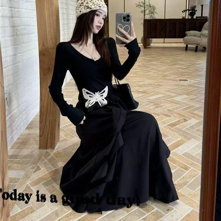 Women's Plus Size Elegant French Style Black Waist-Cinched Long Sleeve Dress