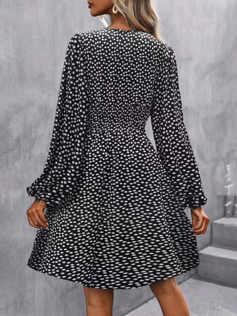 2025 Autumn/Winter Europe & America Oblique Neck Lantern Sleeve Pleated Waist Retro Dress