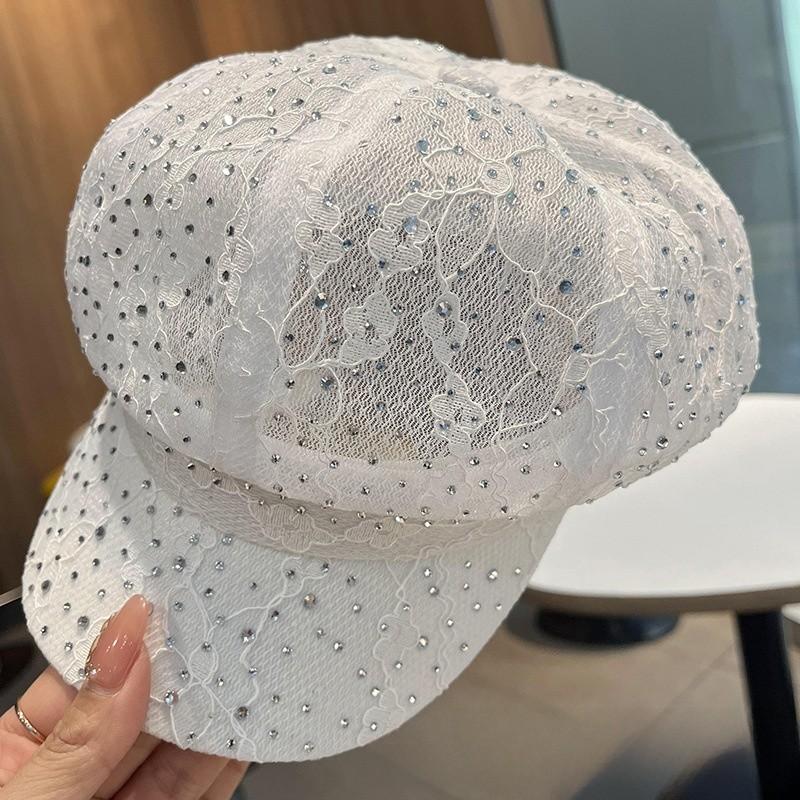 Sommer Spitzen-Netz-Sonnenhut mit Strasssteinen für Damen Modischer Retro-Sonnenschutz