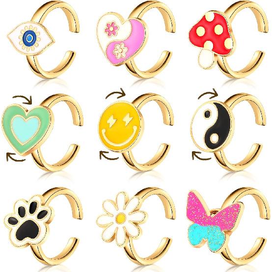9 Pieces Fidget Anxiety Rings Rotatable Open Ring Set Cute Spinner for Anxiety Stackable Rotating Calming Worry Adjustable for Women Ladies Mood
