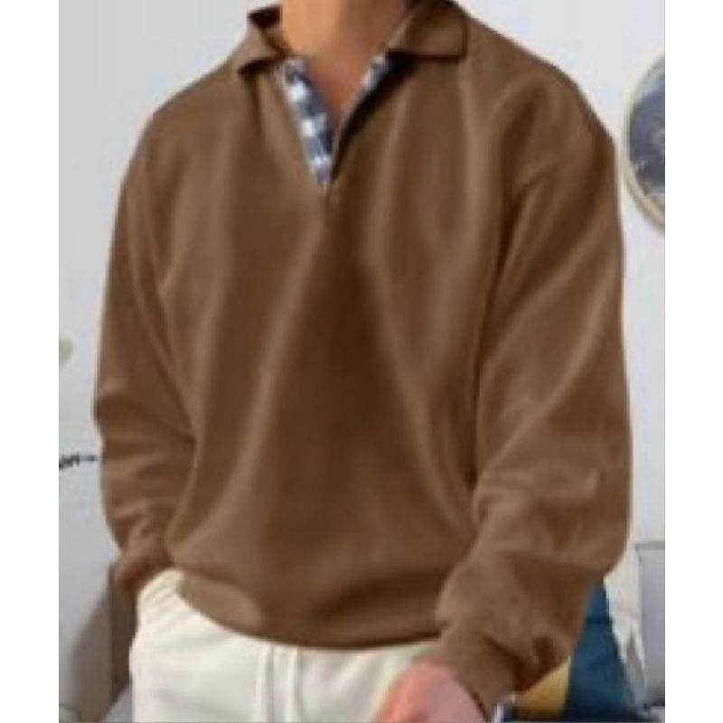 Contrast Plaid Inner Lapel Sweatshirt Men Solid Color Loose Long Sleeve Half Button Casual Polo Top