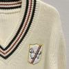 Puppy Badge Embroidered Women's V-Neck Retro Sweater - Autumn/Winter Wool Knit, Short Fitted Academy Style Pullover