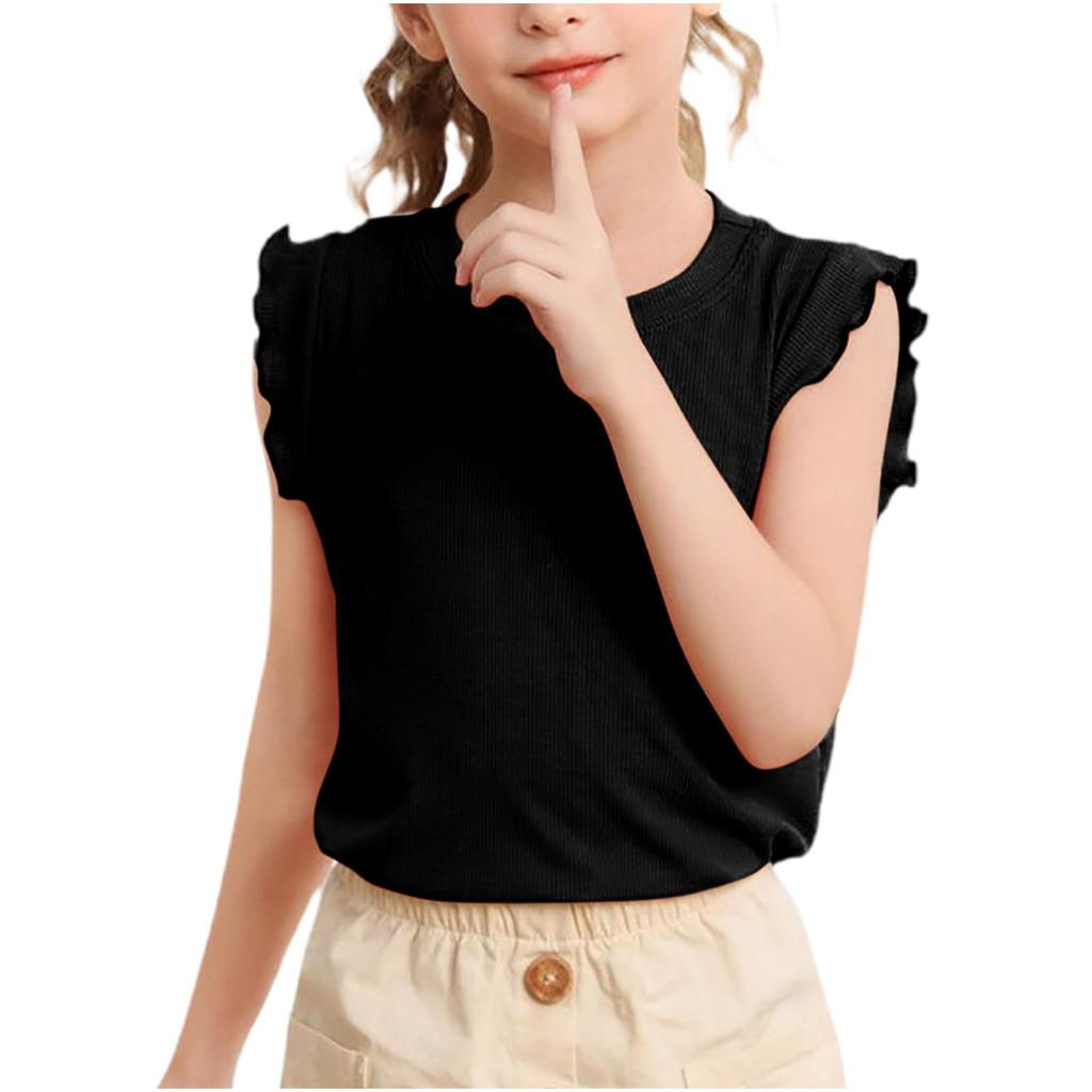 Girls Ruffle Sleeveless CuteKids Tops Loose Crewneck Pullover Casual Tees
