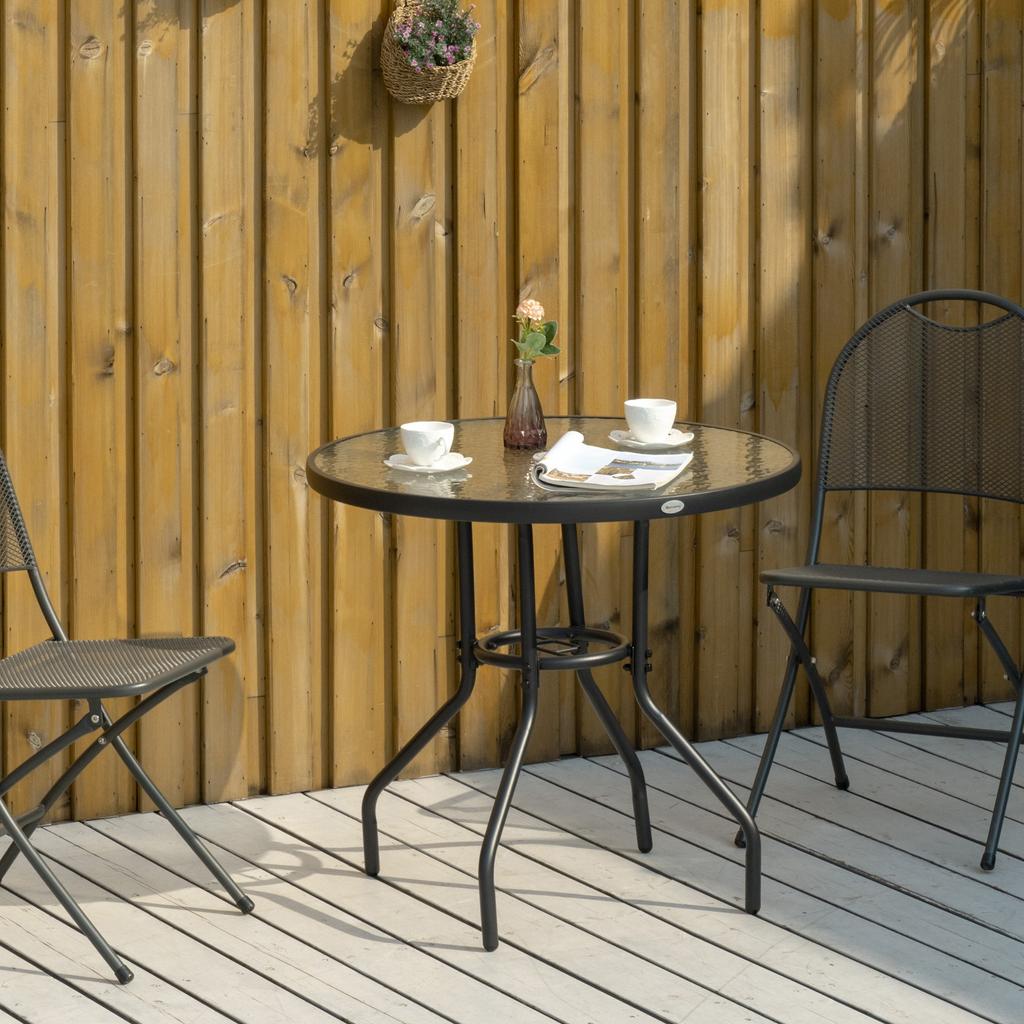 80 cm Round Dining Table with Parasol Hole, Outdoor Coffee End Side Table with Tempered Glass Top, Steel Frame for Garden, Black