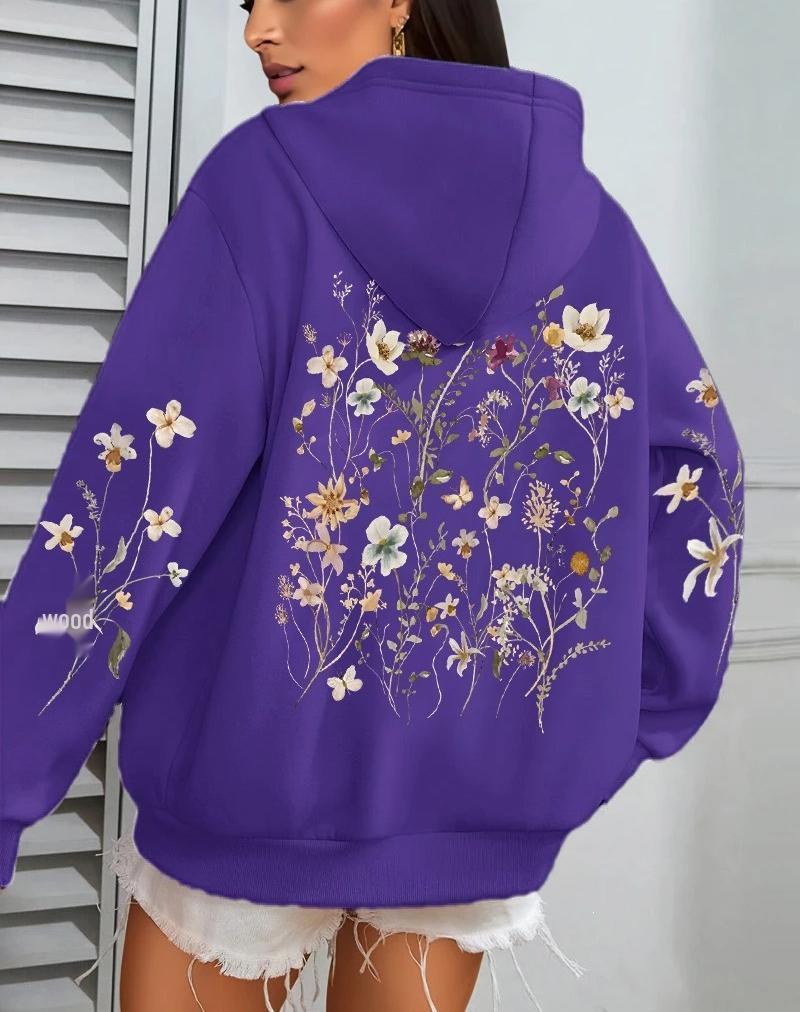 Damen Kapuzenpullover mit Blumen-Cluster-Print - Herbst Locker Lässig Fleece Pullover mit Taschen