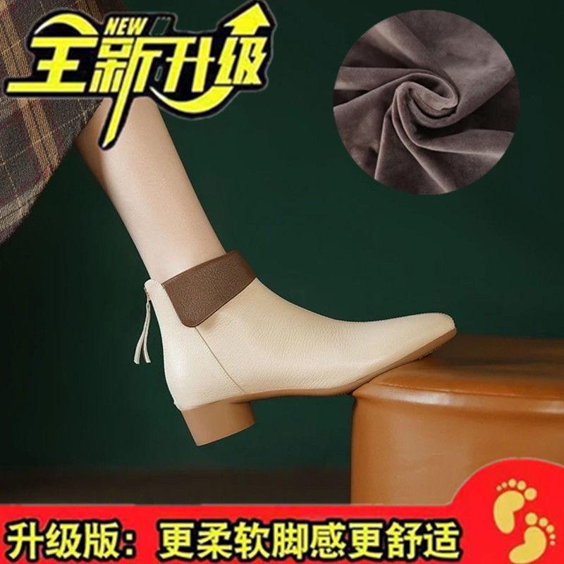 3 Leather Soft-soled Short Boots Women's Spring and Autumn Single Boots Pointed 2025 New Winter Velvet Versatile French Boots Women
