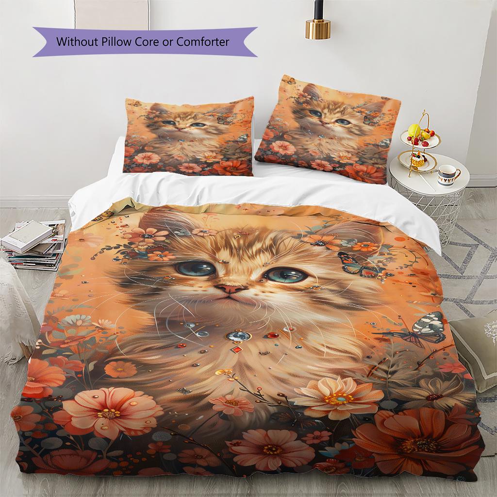 Orange Cat Pattern Bedding Quilt Set Quilt Cover Pillowcase Home Decoration Gift (1 * Duvet Cover + 2 * Pillowcase, Without Core)