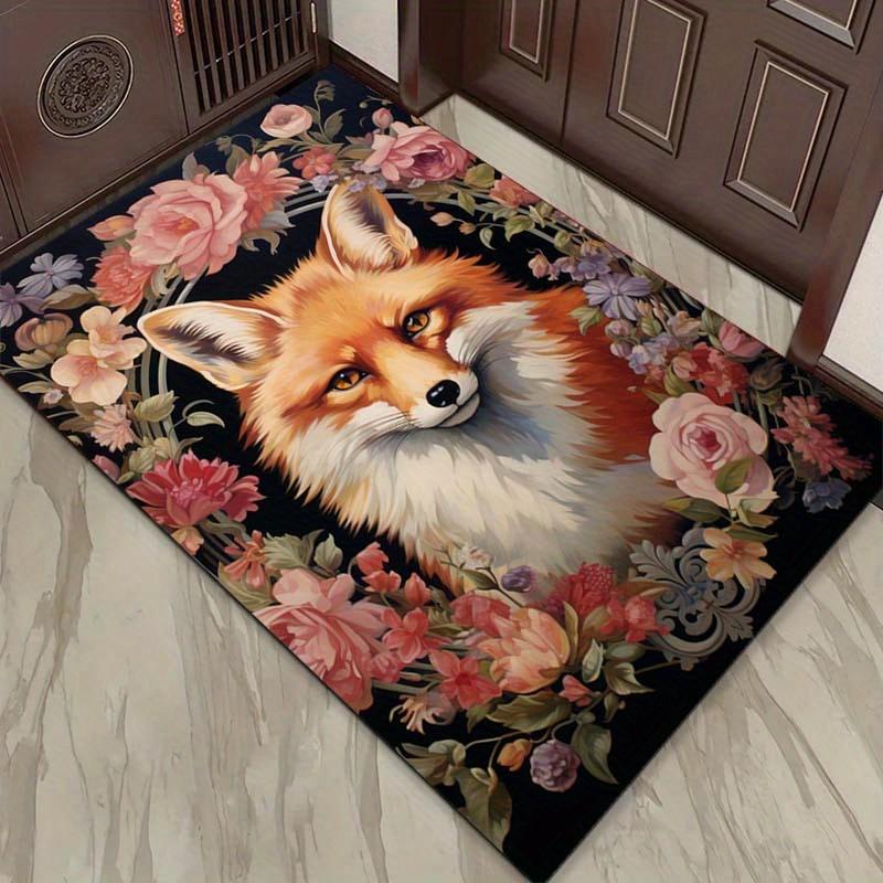 Floral Fox Rug for Elegant Homes - Add a Touch of Nature to Your Interior | Beautiful Animal Print Carpet Skid resistant carpet
