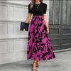 Women Summer Dress Round Neck Short Sleeve Printing Splicing Design Midi Dress Flowy Hem Beach Party Dress
