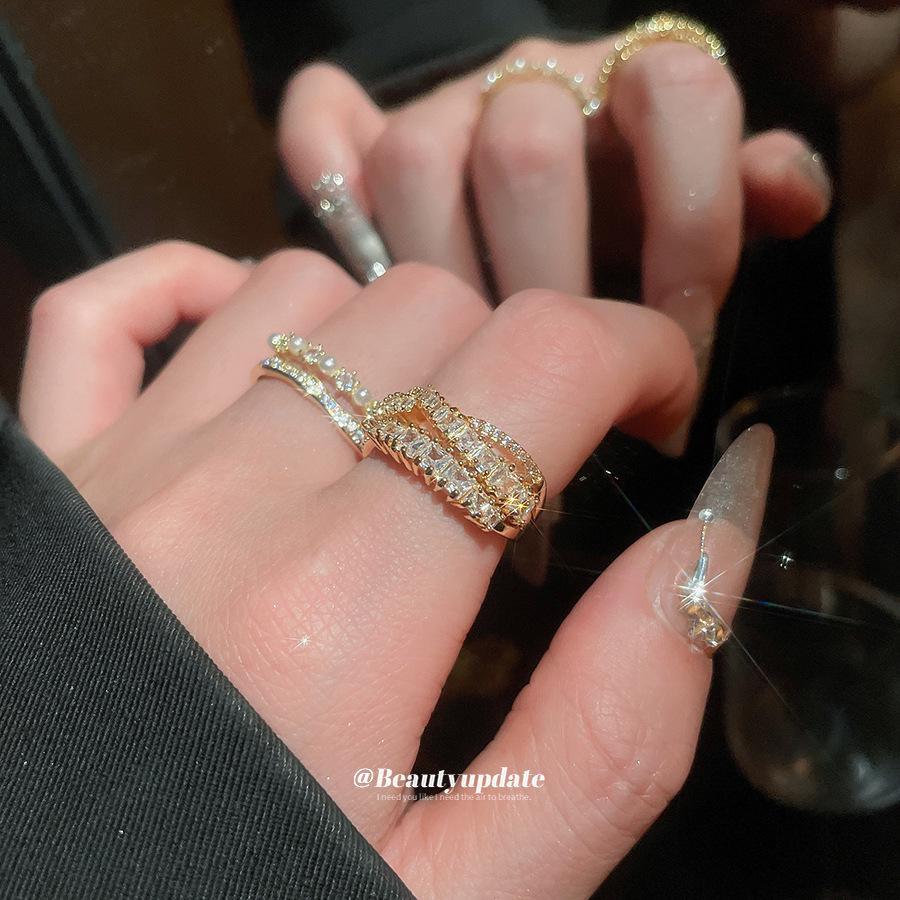 14k Gold Plated Double Layer Zircon Pearl Retro French Ring - Versatile High-End Jewelry