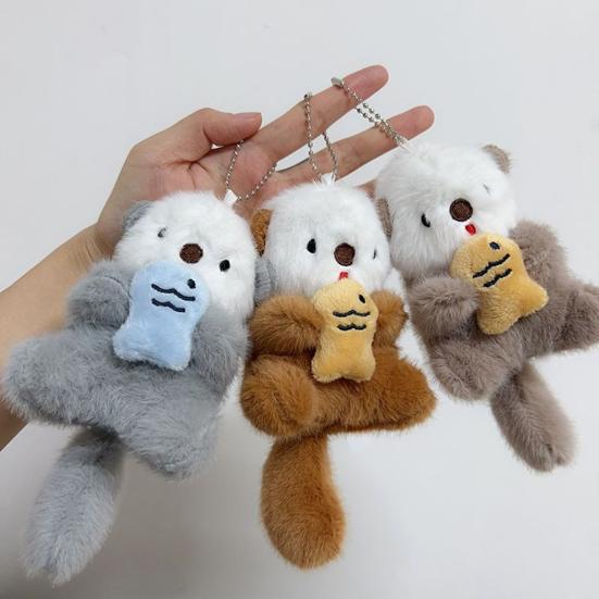 Plush Animal Pendant Cute Otter Holding Fish Keychain Pendant Stuffed Orangutan Bag Backpack Charm Gift for Kids Friends