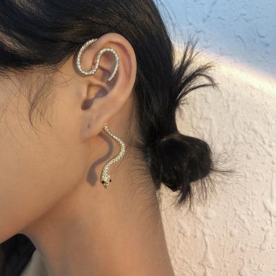 Women European American Simple Vintage Earrings Geometric Rhinestone Snake Design Personality Hip Hop Club No Piercing Ear Cuffs
