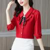Printemps Automne Nouvelle Couleur Unie À Manches Longues Chemise Féminine Col Carré Noeud Fond Chemisier Polyvalent Haut Tendance M-4XL