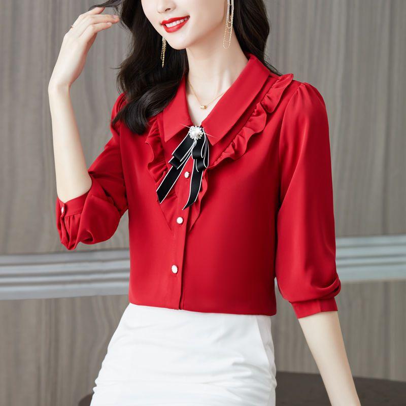 Printemps Automne Nouvelle Couleur Unie À Manches Longues Chemise Féminine Col Carré Noeud Fond Chemisier Polyvalent Haut Tendance M-4XL