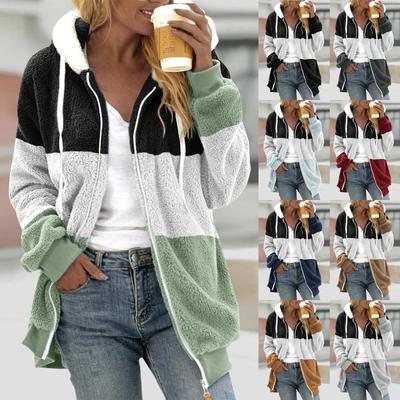 Women's Loose Large Size Plush Multicolor Paneled Hooded Zip Jacket