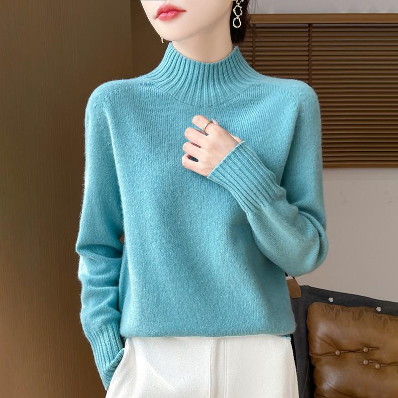 Women's Pure Wool Half-High Collar Loose Knit Sweater - Thickened Autumn/Winter Base Layer Pullover