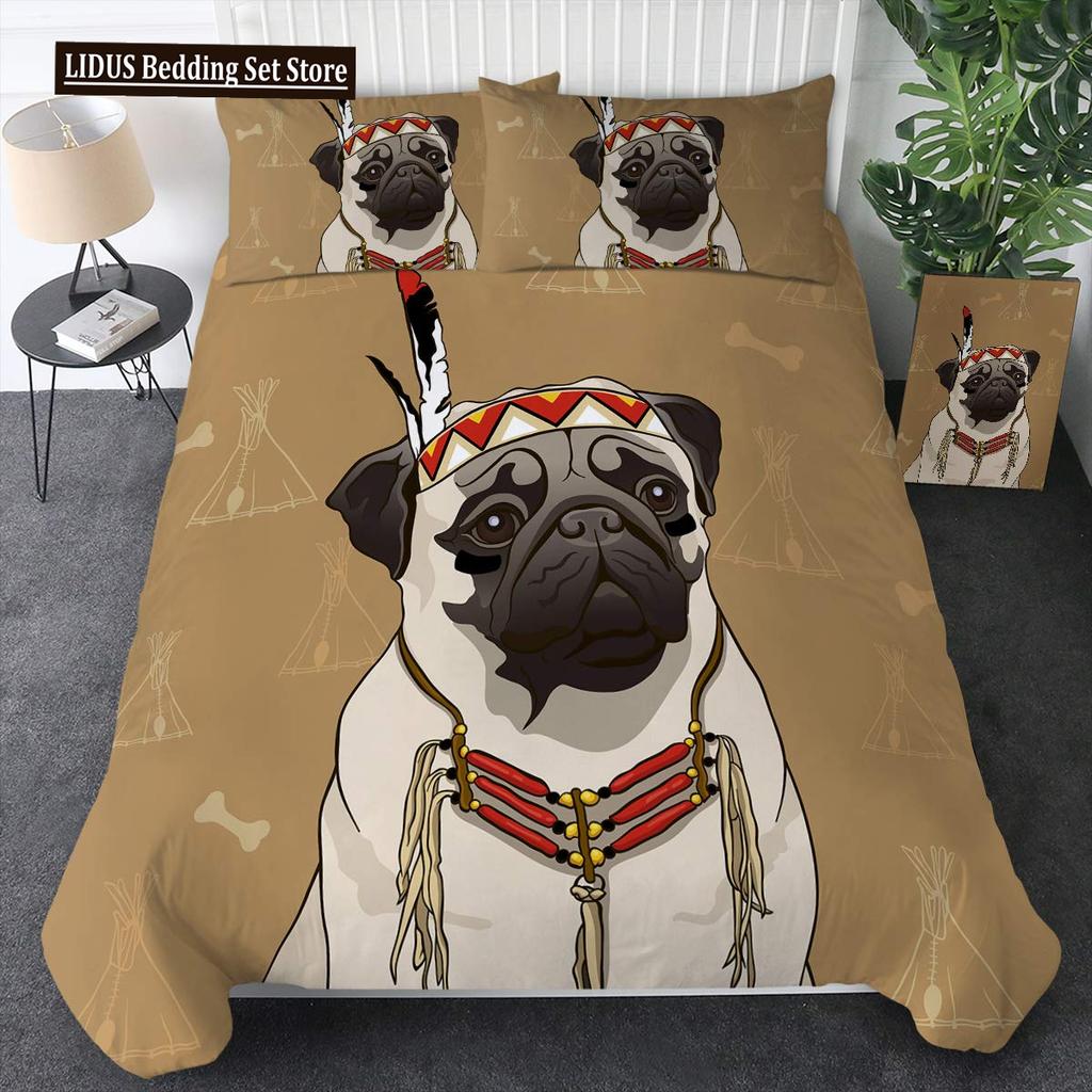 Set Biancheria da Letto con Stampa di Cani Carini Set Copripiumino Animale Cucciolo 2/3 Pezzi Copripiumino con Zampa di Cane Acquerello Pastello Set Letto per Amanti del Cane Carlino
