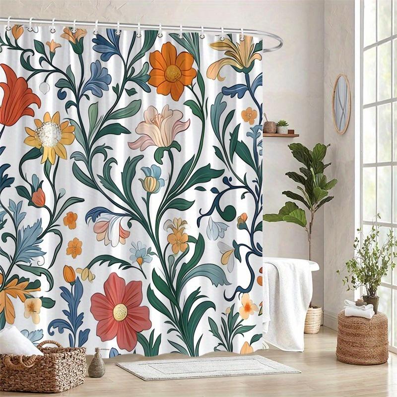 1Pc Bright Red, Orange, Yellow And Blue Floral Pattern Shower Curtain, Polyester Fabric, Machine Washable, Suitable For Bathroom