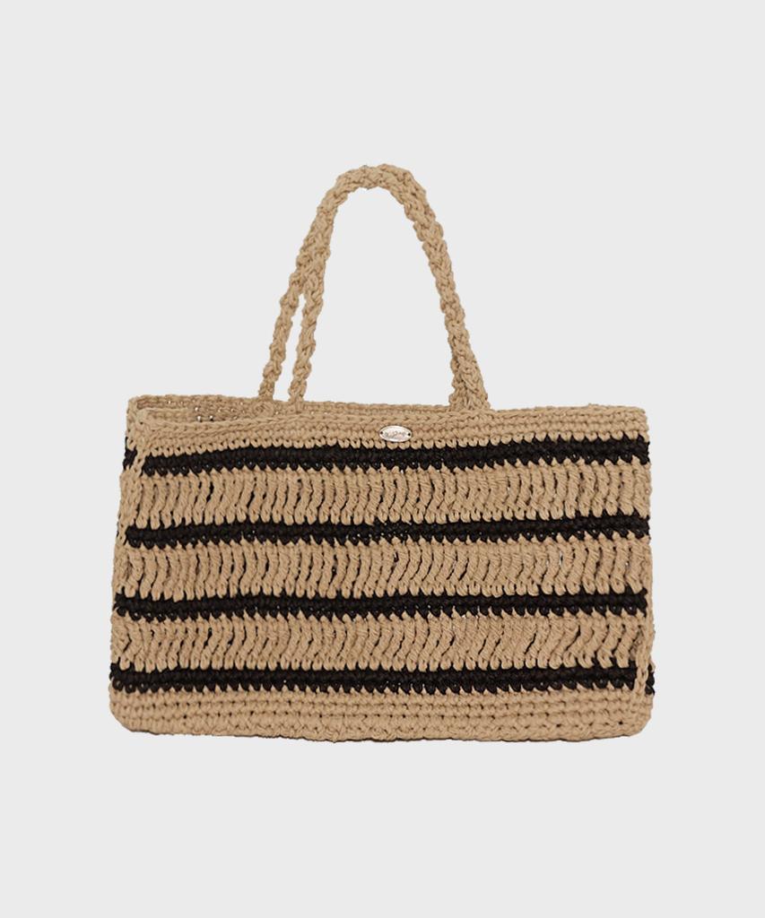 Slowslowly Moroccan Handmade Crochet Stripe Wide Tote Bag _ Beige