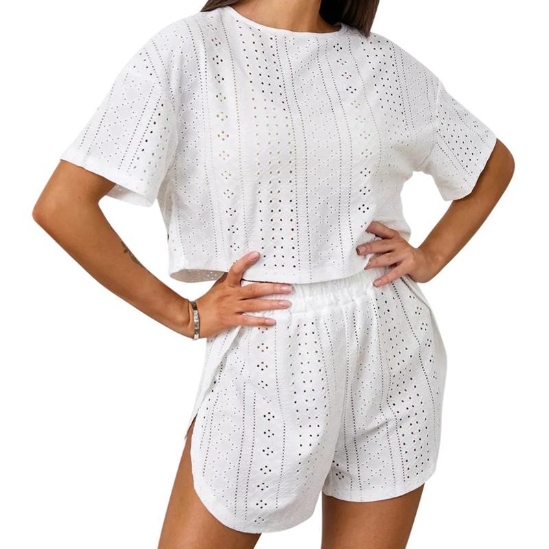 

Женский дышащий пижамный комплект с шортами и рукавами с вырезами, ультрамягкая повседневная одежда для дома M белый