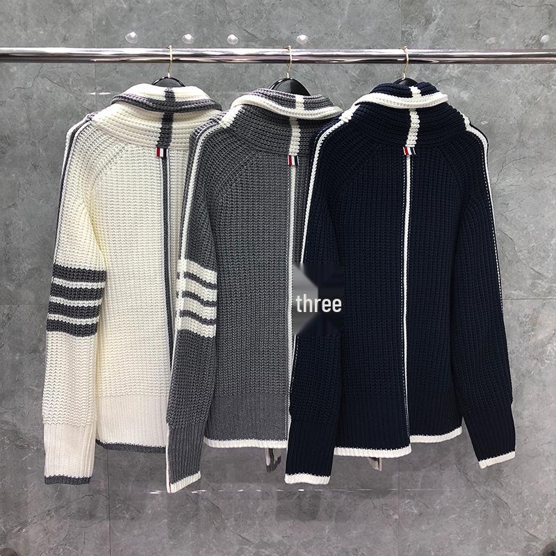 TIME BREATHE Men's Slim Fit V-Neck Cardigan, Classic Style, Thick Knit, White Edged Sweater Jacket, Trendy.