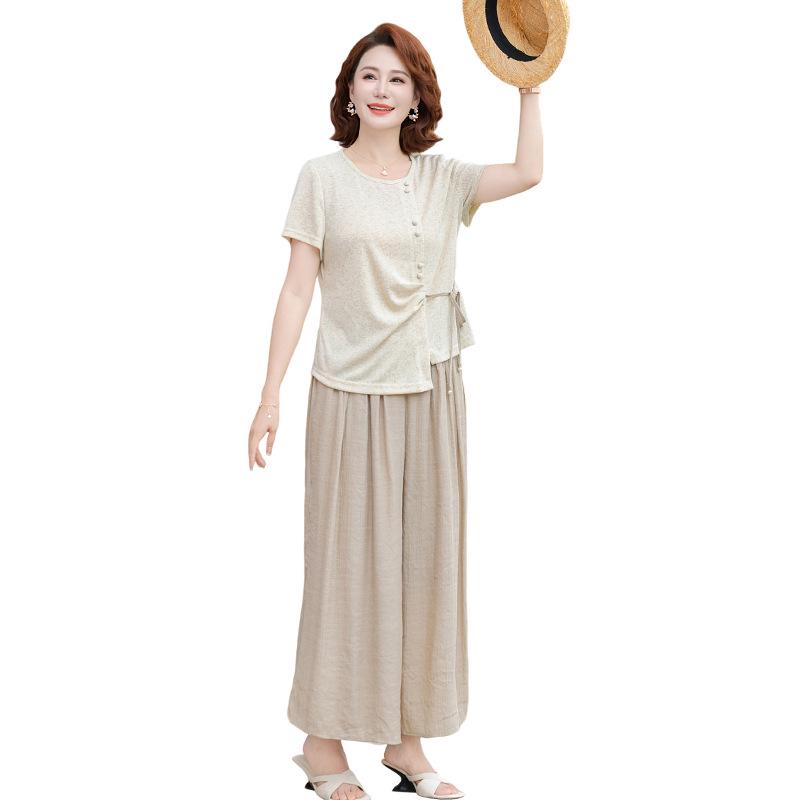 Elegant Summer Suit Set for Middle-Aged Women: Short Sleeve Top & Wide-Leg Pants