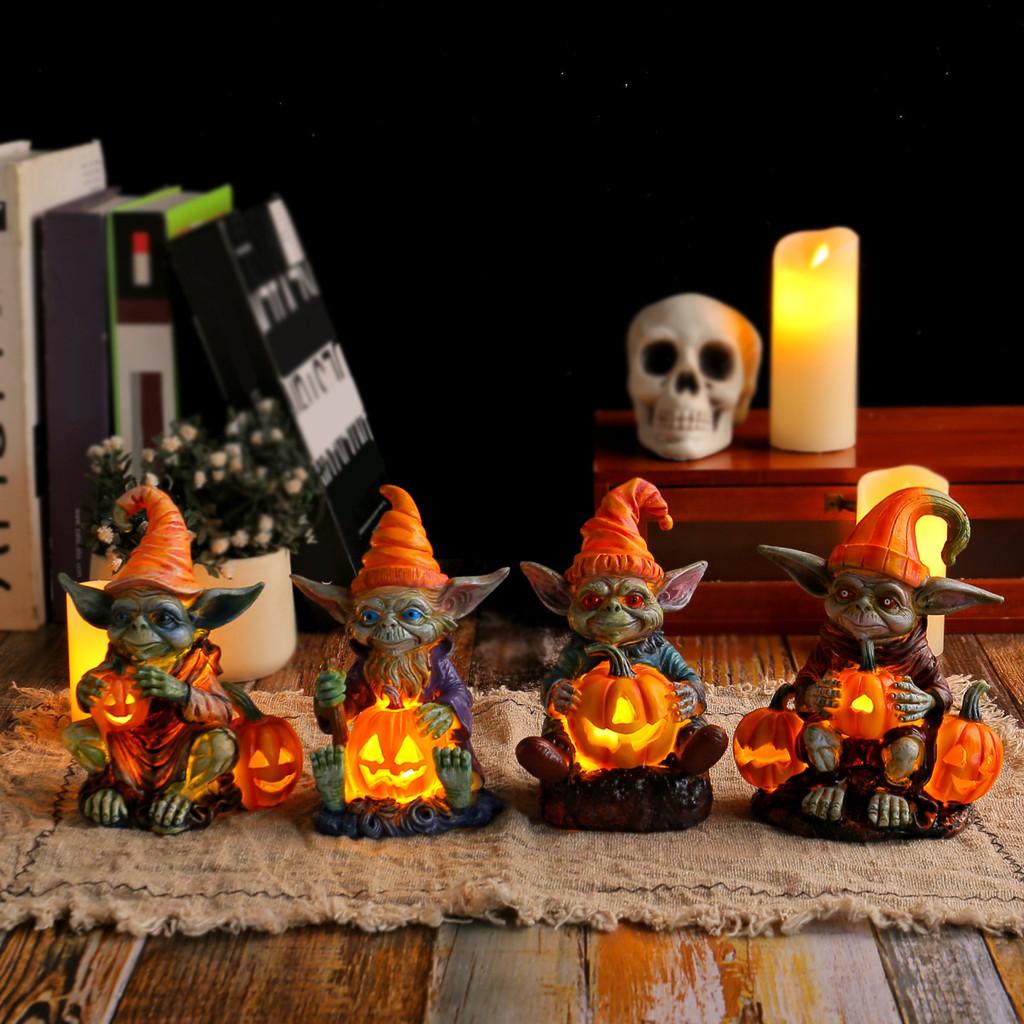 Whimsical Halloween Resin Decoration Featuring Glowing Goblin Pumpkin Lanterns For Festive Displays