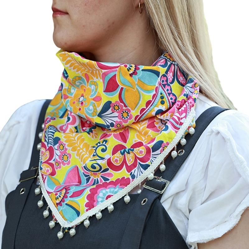 Elegant Neckerchief Tassels Scarf With Artificial Pearls Decors For Women And Girl Soft Triangular Shawl for Bartender