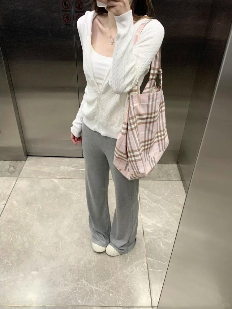 Korean Style Elegant Solid Knitted Cardigan Women 2025 Autumn New Sweet Hooded Zip-up Sweater Jacket Harajuku Casual Y2k Tops