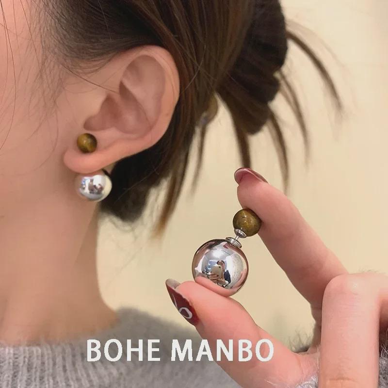Autumn/Winter S925 Silver Tiger Eye Textured Ball Earrings