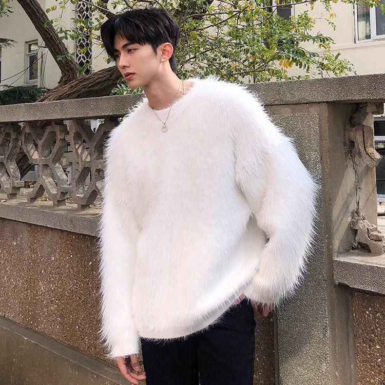 

Chao Lun Bu Men s Faux Mink Velvet Sweater, Lazy Style Knitwear, Korean Round Neck Top, Perfect for Spring and Autumn. Large білий