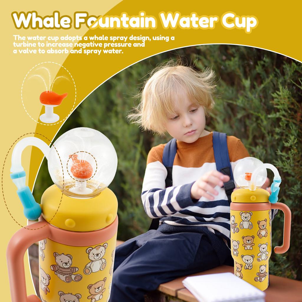 710 ML/24 Oz Water Bottle Stainless Steel Whale Fountain Tumbler Leak-proof Drinking Cup with Straw Brush or Cup Brush for Child