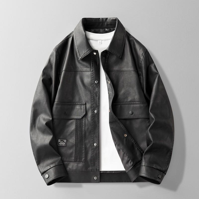 Mens Slim Fit Faux Leather Jacket Casual Outerwear With Lapel Collar Side Pockets