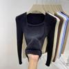 Autumn and Winter Underwear with a Slim Top, Solid Color, Irregular Square Neck, Mink Fleece Sweater, Knitwear