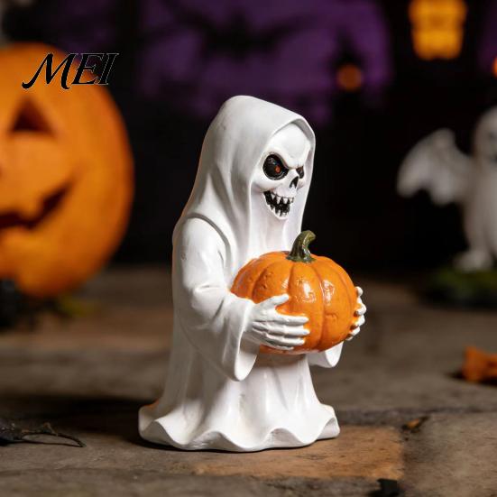 Durable Resin Halloween Ornament White Ghost Pumpkin Statue, Spooky Holding Mini Unique Sculpture for Office Figurine Garden Yard Tabletop Mantel Home