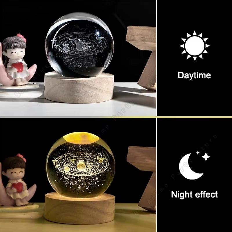 6cm Galaxy Solar System 3D Crystal Ball LED Night Light USB Charging Moon Planet Glowing Lamp for Bedroom Gift Home Decoration