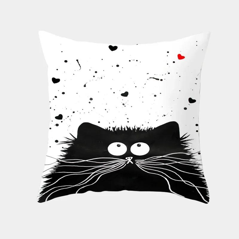 Cute Cartoon Cat Cushion Cover Creative Black White Naughty Cat Pillow Case Home Textiles Decorative Pillow Cover For Sofa