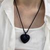 Retro Black Leather Heart Pendant Necklace - Korean Style