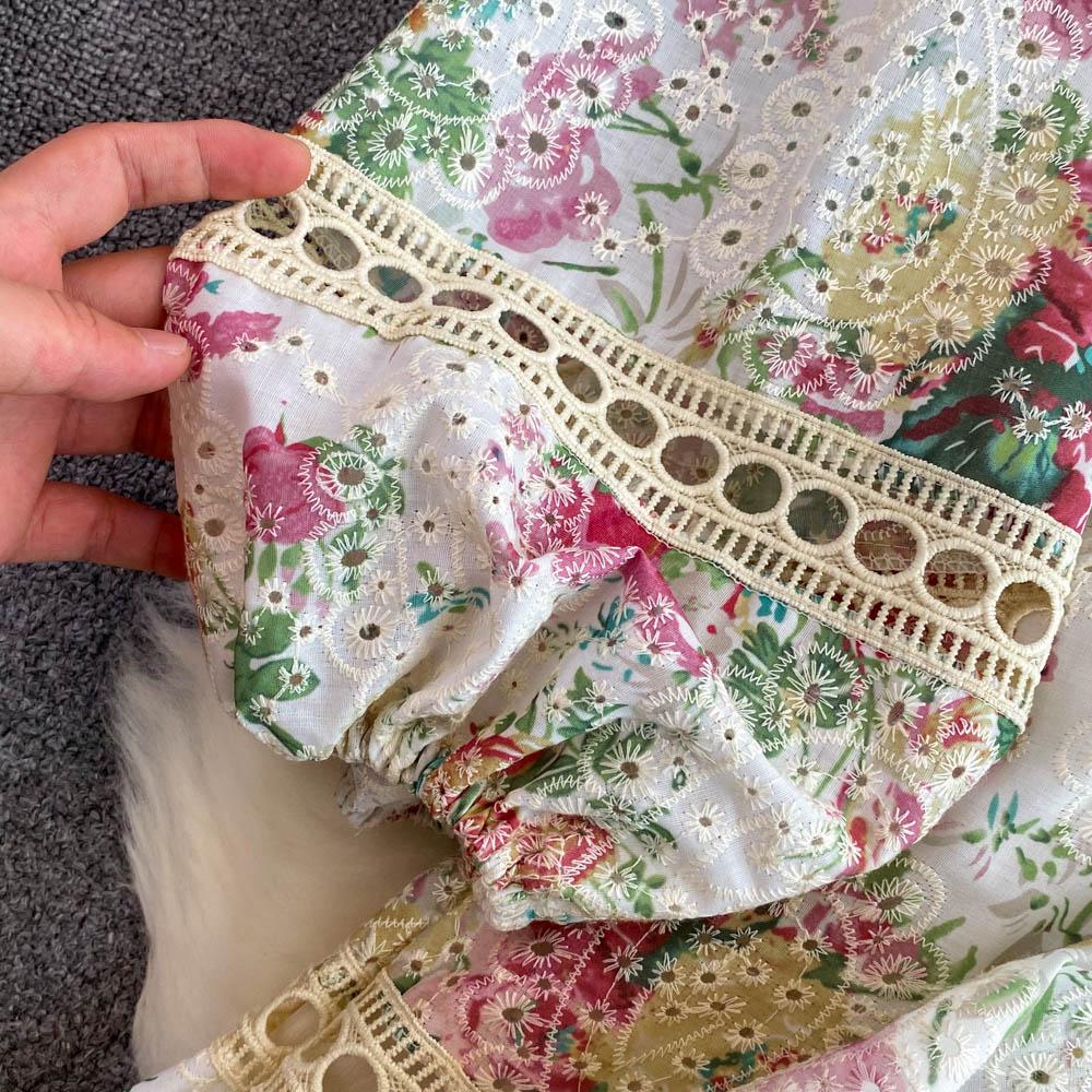 Dámské Potisk výšivka Květinové vyhloubené elegantní plážové šaty Boho s výstřihem do V a nabíraným rukávem Mini krátké sváteční šaty k moři