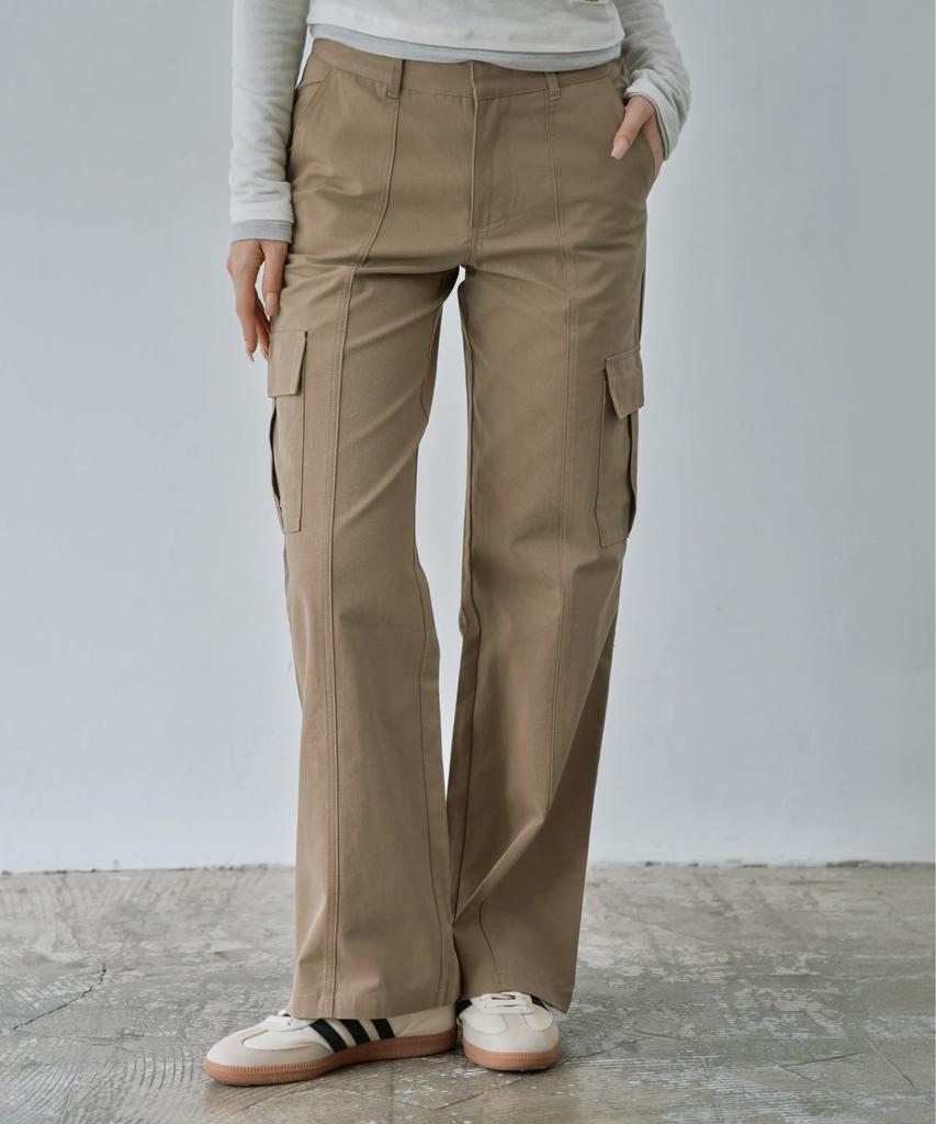 WAARFORWOMAN W1156 Cutout Straight Cargo Pants_Beige