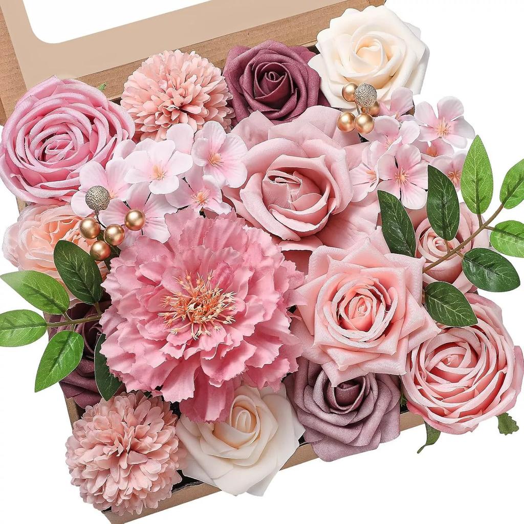 Artificial Flower Combination Box Set, Pink Silk Artificial Rose Bride Bouquet for Outgoing/Indoor DIY Center Piece Flowers for