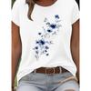 Womens Blue Floral Art Print Tee Round Neck Short Sleeve Spring Summer Casual Top Birthday Friend Sister Gift