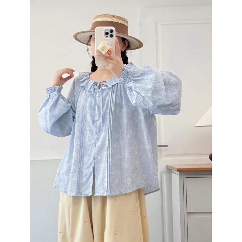 Spring 2026 Japanese Style Loose Wide Lapel Tie-Waist Pleated Women's Cardigan Shirt