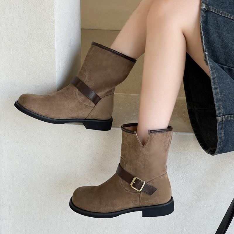 Retro frosted Martin boots women's autumn and winter versatile round head one-pedal medium tube thick heel British style short boots