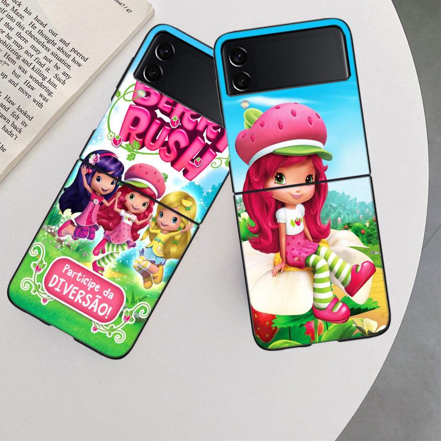 S-Strawberry Cute S-Shortcak Case for Samsung Galaxy Z Flip 6 5G Z Flip 5 4 3 5G Black Hard Cell Phone Cover Luxury PC Shell Coq